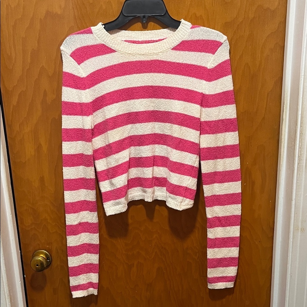 aerie Hot Pink and Cream Striped Crewneck Sweater